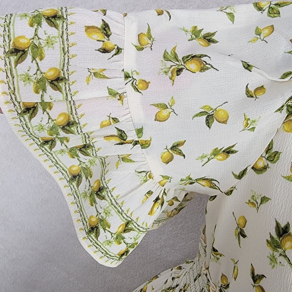 Max Studio NEW Women S Yellow Cream Lemon Print Smocked Cottagecore Sun Dress - Picture 9 of 11